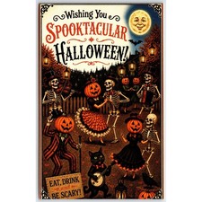 Halloween Postcard Modern Skeletons Dance Party Moon Face JOL Black Cat Standard picture