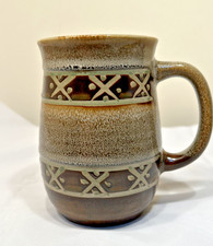 Vintage Yamasan Japan Stoneware Mug MCM Mid Century Geometric Incised Brown picture