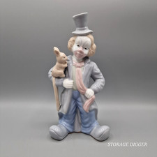 Vintage Blue Gray Brown Porcelain Clown with Rabbit Figurine 9.5