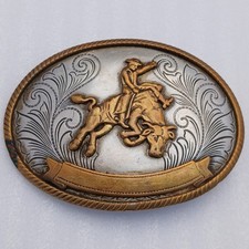 Vintage Bull Riding Rodeo Belt Buckle German Silver Western Floral Engraved picture