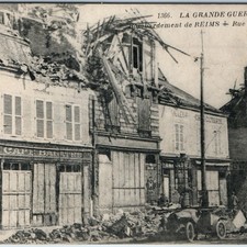 c1914 Reims France Rue de Neufchatel WWI Bombardment Ruins Postcard Cafe Car picture