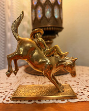 Vintage Western Brass Bucking Bronco Horse Cowboy Sculpture Removable Rider picture