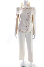 Escada Womens Ruffled Trim Creased Straight Leg Pant Suit White Wool Size EUR 36 picture