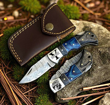 Damascus Steel Pocket Knife Folding Personalized Gift for Men Wood Handle picture