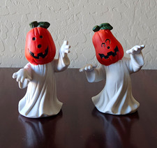 Set of 2 Vintage ARTMARK Halloween Ghost Pumpkin Head Figurines 🎃👻 1970 picture