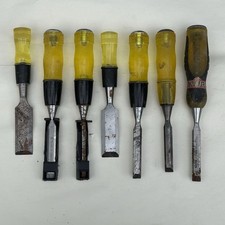 Vintage Stanley Wood Chisel Lot 7pc Yellow Handles Woodworking Hand Tools picture