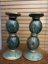 Vtg Wang's International Teal Blown Glass Metal Stacked Globe Candle Holder Pair picture