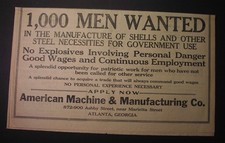 1917 ad - American Machine & Mfg. ATLANTA - munitions workers needed World War I picture