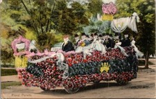 Vintage Postcard Large Group of Men Riding in a Floral Parade Float        15252 picture