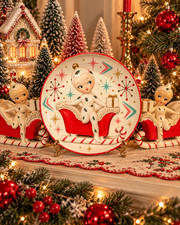 SLEIGH Vintage Holt Howard Inspired 1950s Christmas Plate Pixieware 50s Pixie 50 picture