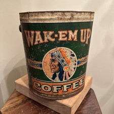 Vintage LG 5 Pound Metal Wak-EM Up Coffee Can Indian Chief Duluth Minnesota READ picture