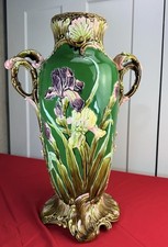 Antique French Majolica Barbotine Iris Green Vase Art Nouveau Onnaing Era Floral picture