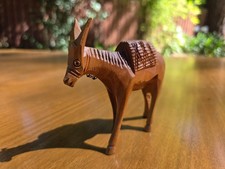 Vintage Hand Carved Wood Donkey Burro Pack Saddle Figurine Metal Chain 3in Brown picture