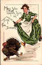 HBG Artwork Thanksgiving Postcard Woman Holding knife Chasing a Turkey picture
