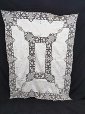 Vintage Hand Embroidered Linen Lace Tablecloth White Rectangular Cutwork Overlay picture