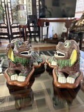 Pair Chinese Export Famille Verte Biscuit Porcelain Foo Lions, mid 20th Century picture