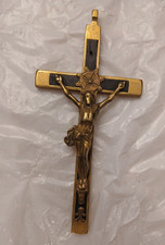 ANTIQUE LARGE VICTORIAN PECTORAL CROSS INLAID EBONY CRUCIFIX SKULL CROSSBONES picture