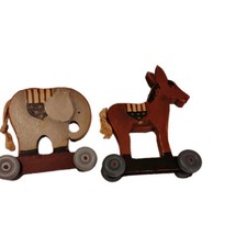 Set Primitive Handmade Patriotic Americana 4th July Wood Donkey Elephant Figures picture