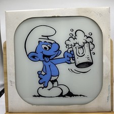 RARE Vintage 1980’s Carnival Fair Glass Mirror Prize 12”X 12” the SMURF w BEER picture