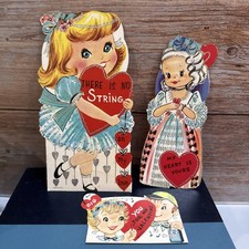 3 Vintage Valentine Cards Made In USA Silver Glitter  Accents Hearts Girls/Boys picture