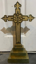 *** EARLY VINTAGE SOLID BRASS CHURCH ALTAR EMBOSSED IHS CHRISTOGRAM CROSS picture
