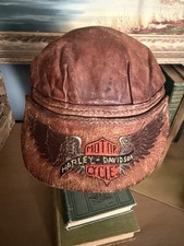 Rare Vintage Harley Davidson Brown Leather Biker Cap Hat Tooled Winged Logo picture