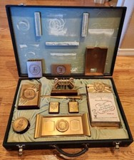 Antique 1957 Brass Desk Set With Lighter, 1958 Paper Calendar James Robertson Co picture