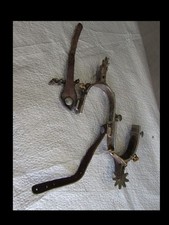 Antique Western Cowboy Spurs Pair 10 Point Rowels Iron Leather Straps Horse Tack picture