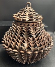 Vintage Folded Leaf Folk Art Woven Basket With Lid 10.75”x 9.5” Art Storage picture