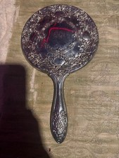 Vintage Silver Tone Hand Mirror Ornate Floral Repousse Monogram EMH Vanity picture