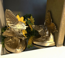 Vtg PM Craftsman Art Nouveau Brass Butterfly Bookends Mid Century Heavy Pair picture