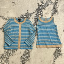St John Knit Set Womens Size P Blue Beige Stripe Jacket Top Santana Style picture