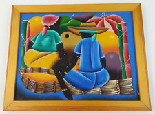 Vintage Original Caribbean Jamaica Painting People In Village Signed F. Dorisca picture