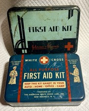 Antique Vintage Red Cross & White Cross First Aid Kit Hinged Tin 1940’s Art Deco picture