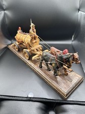 Vintage Hand Carved Wood Ox & Horse Wagon Sculpture Team Driver Folk Art 17