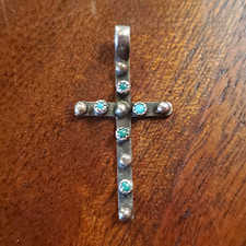 Vintage Handmade Silver Turquoise Cross Pendant Southwestern Artisan picture