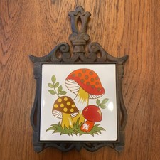 Vintage 1970s Merry Mushroom Tile & Cast Iron Trivet Sears Roebuck Made in Japan picture