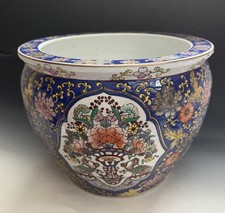 Vintage Chinese Porcelain Fishbowl Planter Cachepot Blue Jardiniere Goldfish Koi picture