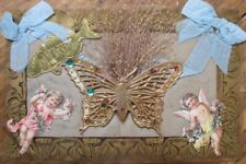 First of April 1910 French Novelty Celluloid Postcard, Scrap, Butterfly, Silk picture