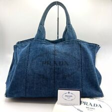 PRADA Vintage Canapa L Canvas Tote Hand Bag Denim Blue Milano Logo Authentic picture