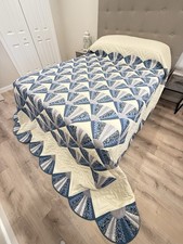 New Amish Quilt – Log Cabin – Blue & Cream 105x116 Heirloom Made In Lancaster PA picture