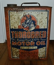 Vintage THOROBRED MOTOR OIL Advertising 2 Gallon Tin Can w HORSE picture