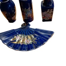 Vintage Japanese Cobalt Blue Miniature Vase Set Fan Floral Gold Trim Kutani 4pc picture