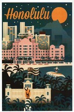 Honolulu Hawaii Retro Skyline Royal Hawaiian Hotel Waikiki etc - Modern Postcard picture