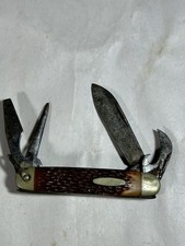 Vintage Ka-Bar Union Cut Co 1152 Utility Pocket Knife Jigged Bone Handle 4-Blade picture