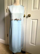 Akris Rare Graphic Print Detailed Light Blue Silk Shift Midi Dress Size 6 picture