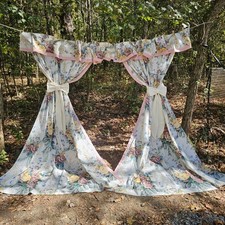 Vintage Cottagecore Floral Curtain Set Huge Ruffled Valance Pink Blue Cream 90