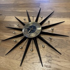 Welby Mid-Century Starburst Wall Clock Brass Metal Black Gold Vintage Wind Up picture