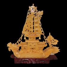 Jade Ship Prosperity Protection Power Dragon Boat VTG Hand Carved Exquisite picture