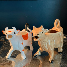 Vintage Mid Century Cow Creamer Pair Set 2 Ceramic Milk Pitchers Bell Polka Dot picture